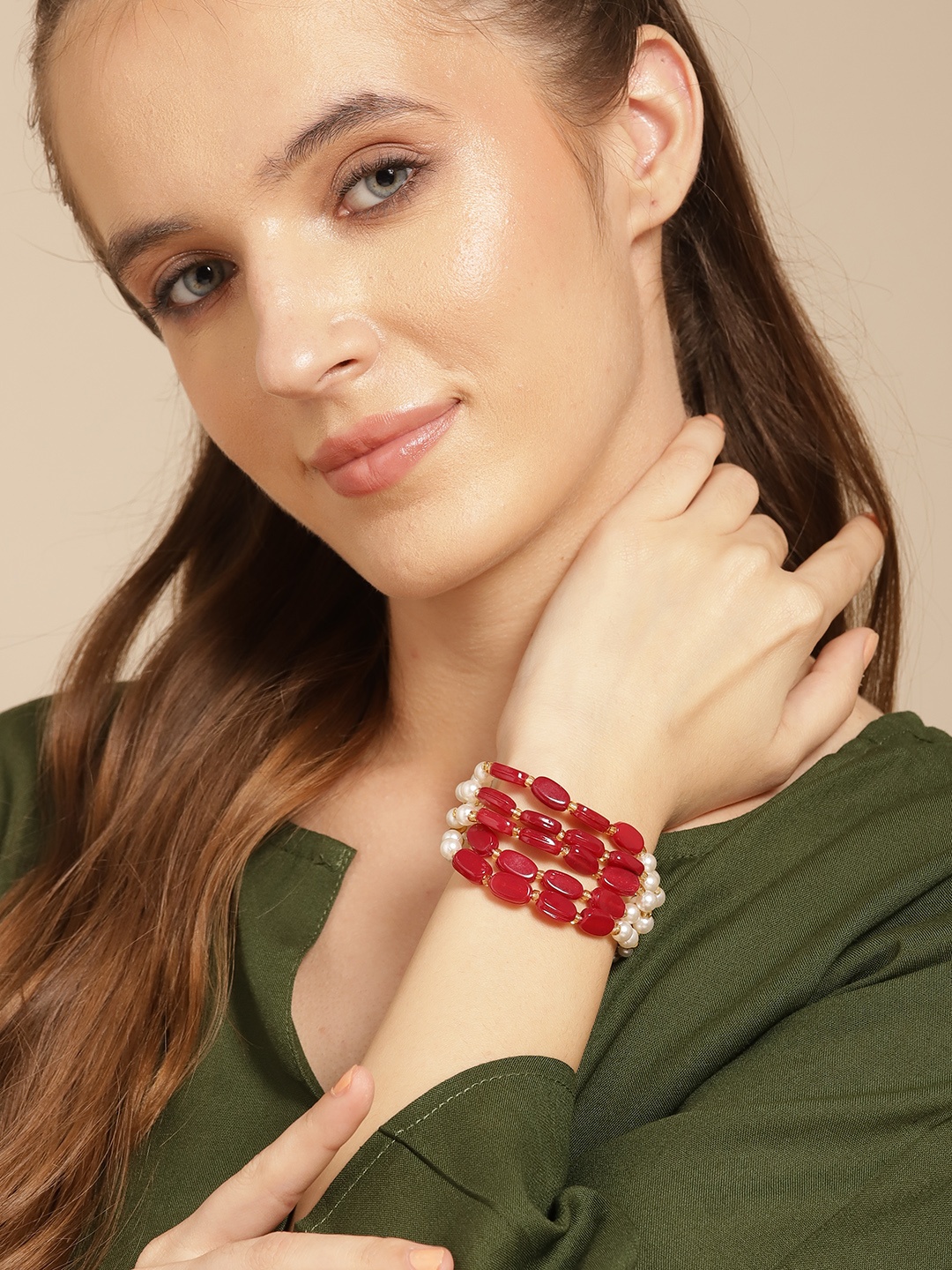 

Anouk Women Brass Pearls Gold-Plated Wraparound Bracelet, Maroon