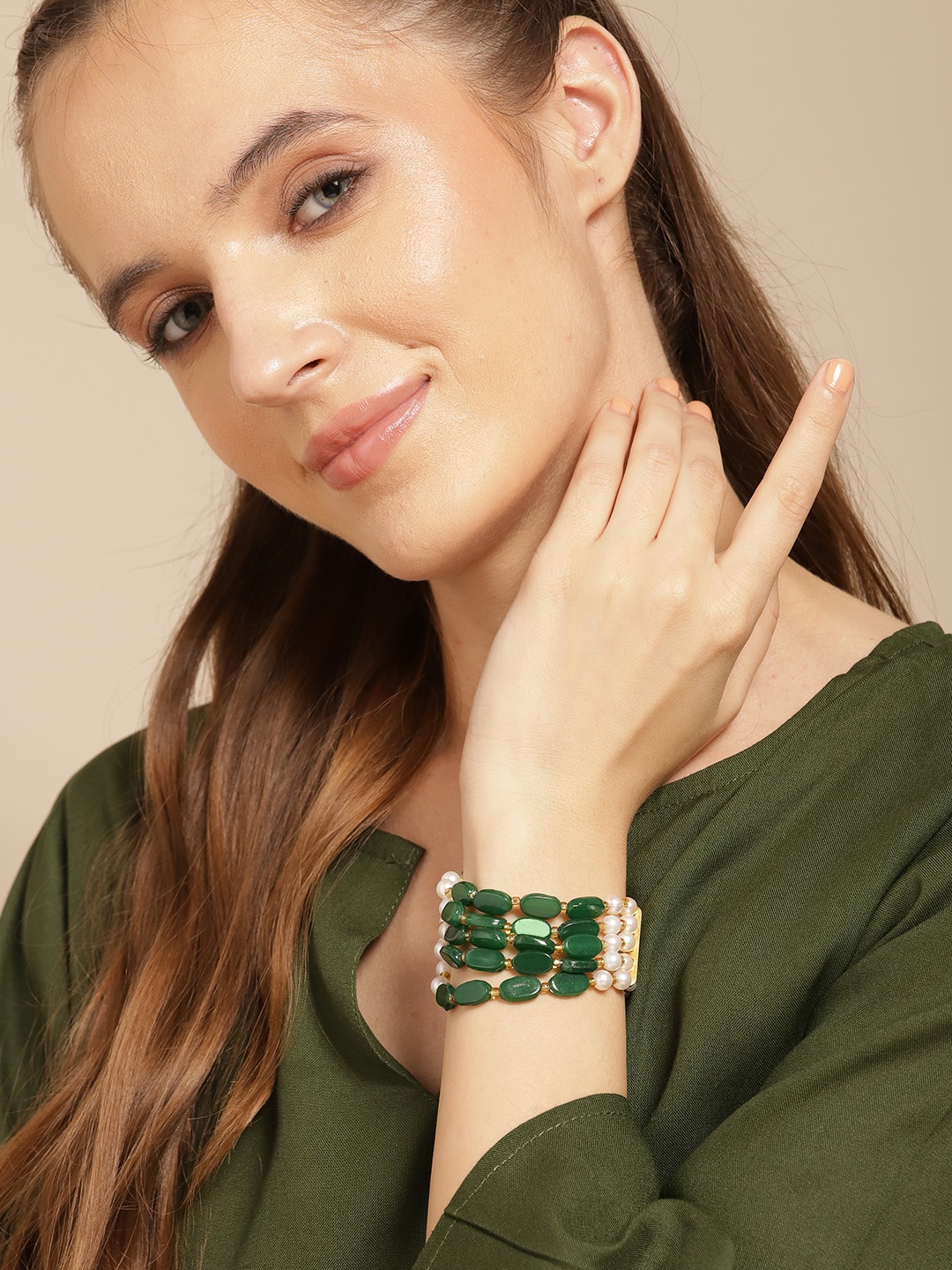 

Anouk Women Brass Pearls Gold-Plated Wraparound Bracelet, Green