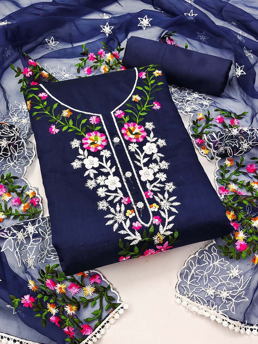 

KALINI Floral Embroidered Unstitched Dress Material, Navy blue