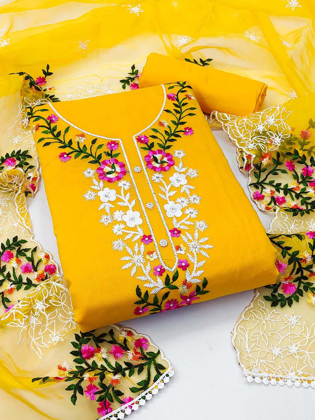 

KALINI Floral Embroidered Unstitched Dress Material, Yellow