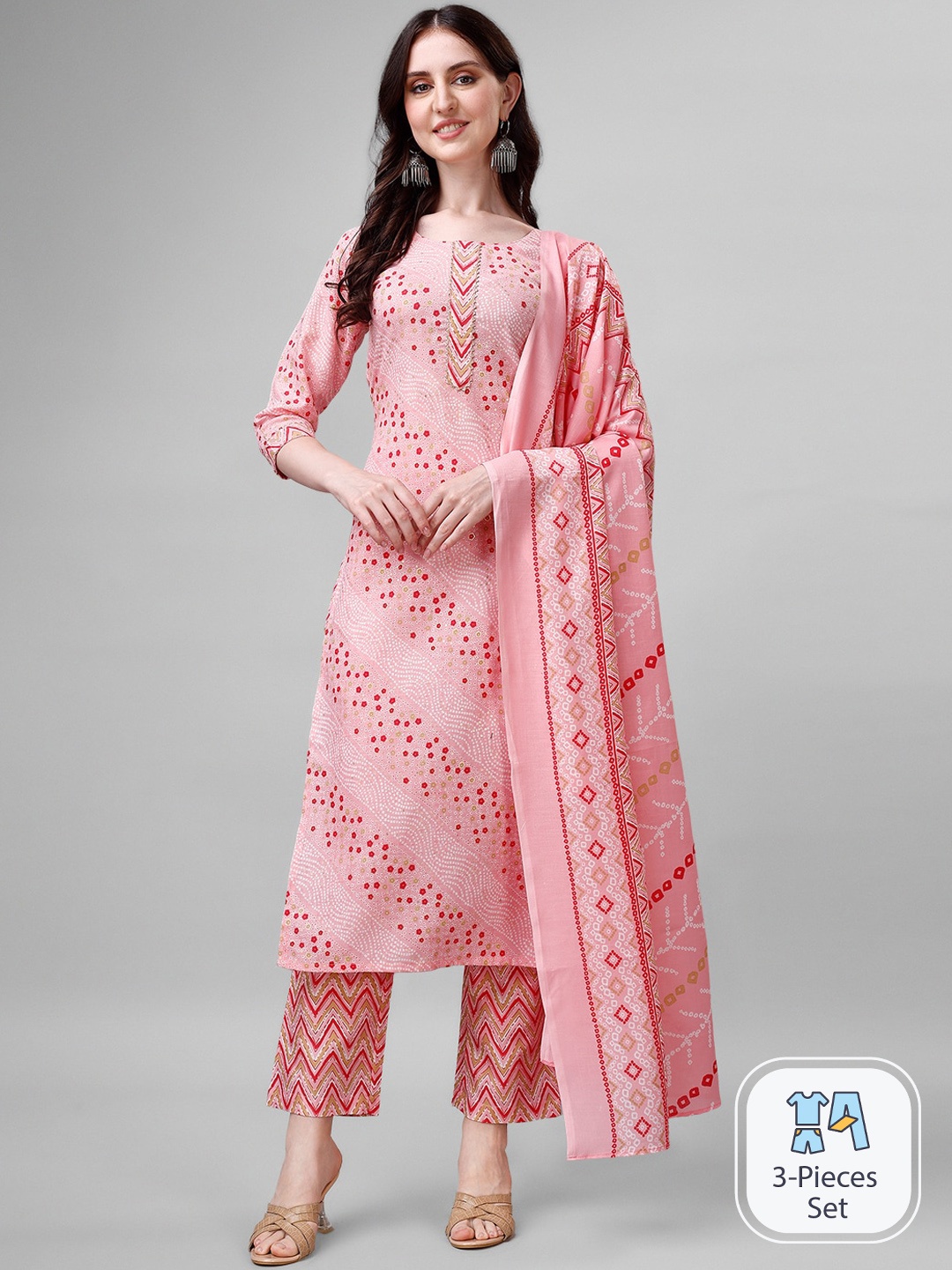 

Sun Fashion And Lifestyle Bandhani Printed Kurta With Trousers & With Dupatta, Pink