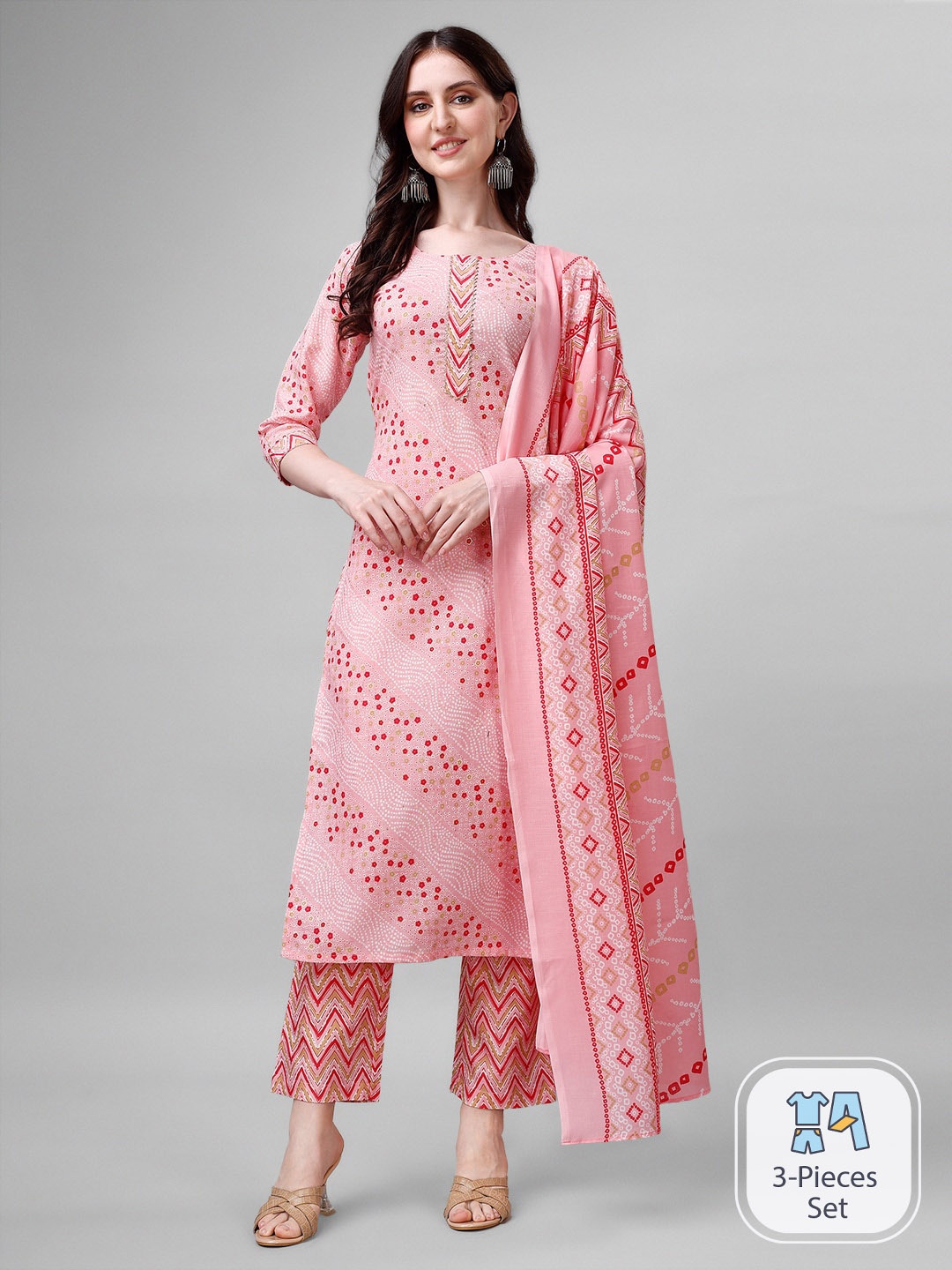 

Sun Fashion And Lifestyle Bandhani Printed Gotta Patti Kurta & Pyjamas With Dupatta, Pink