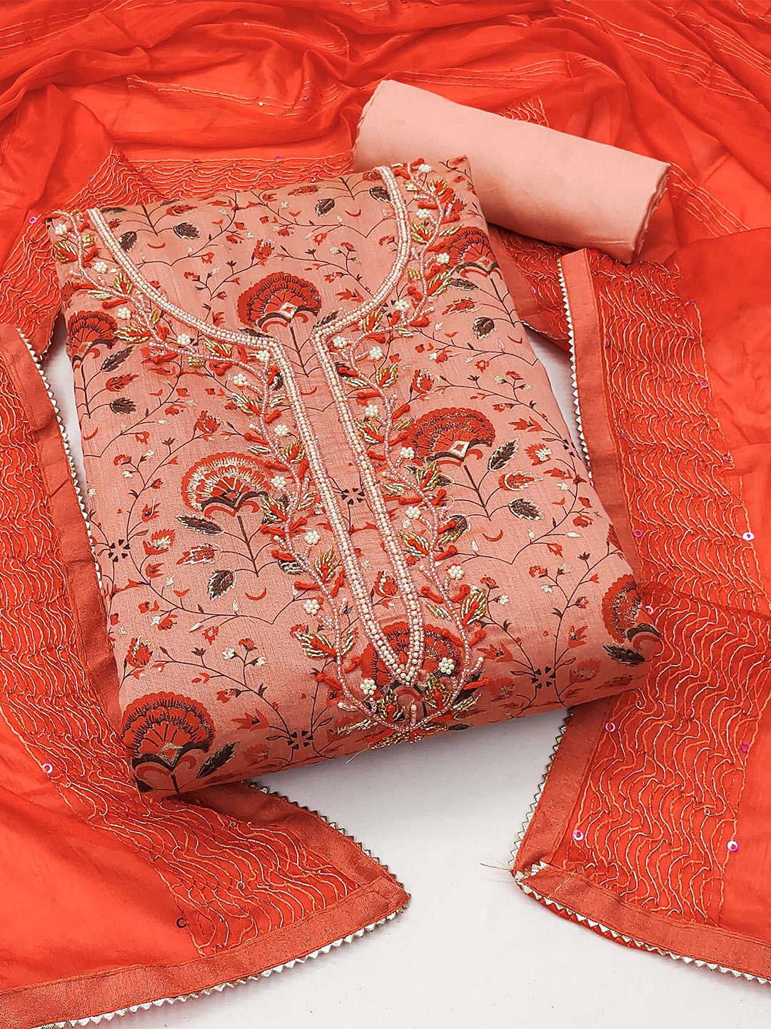 

KALINI Floral Embellished Gotta Patti Unstitched Dress Material, Peach