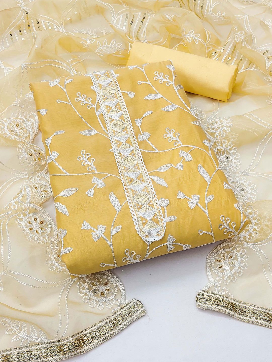 

KALINI Floral Embroidered Unstitched Dress Material, Yellow
