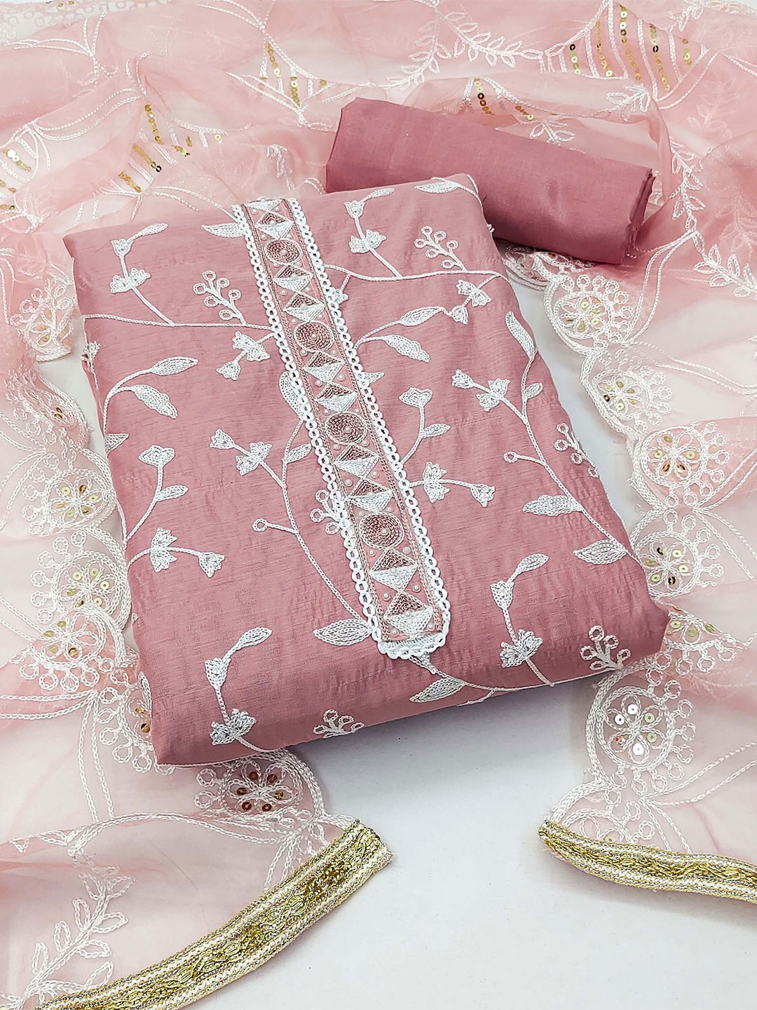 

KALINI Floral Embroidered Unstitched Dress Material, Mauve