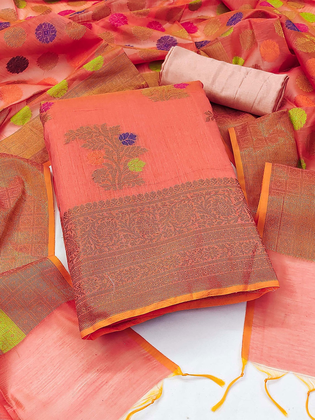

KALINI Floral Woven Design Zari Unstitched Dress Material, Peach