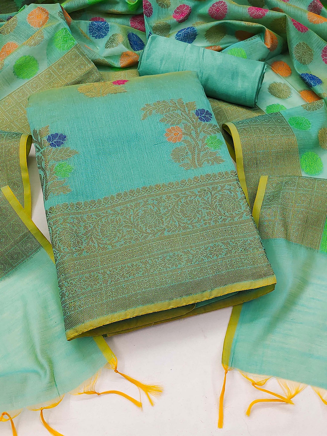 

KALINI Ethnic Motifs Woven Design Unstitched Dress Material, Green