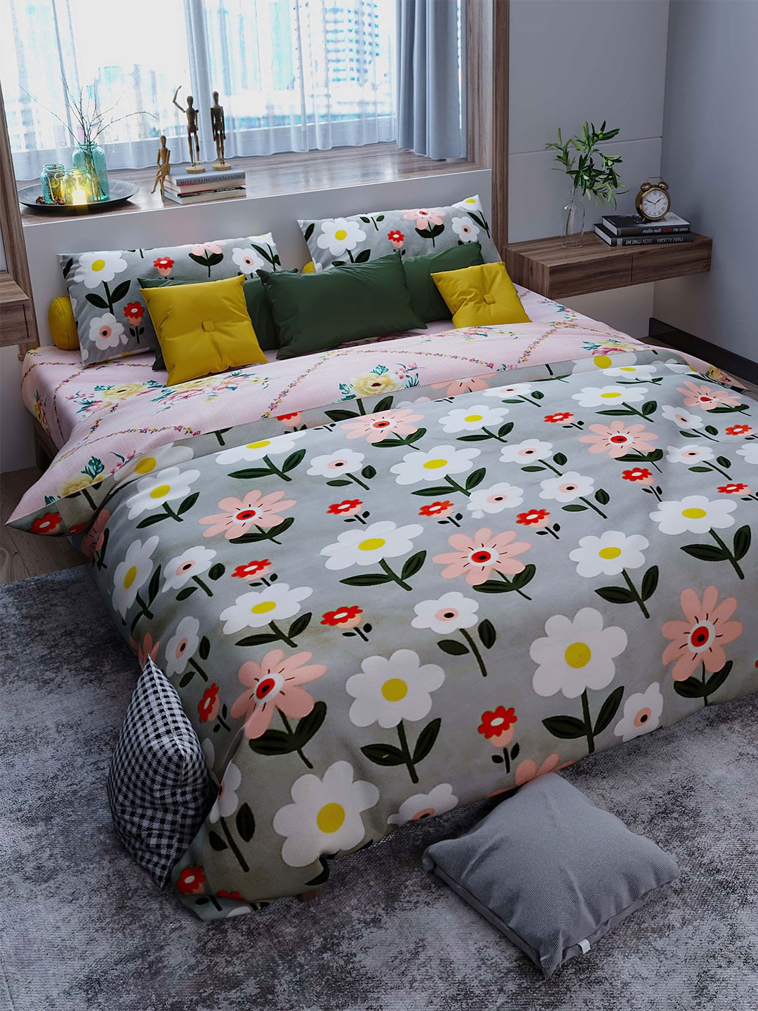 

LABHAM Crystal Comforter Grey Floral Heavy Winter Cotton 150 GSM Double Bed Comforter
