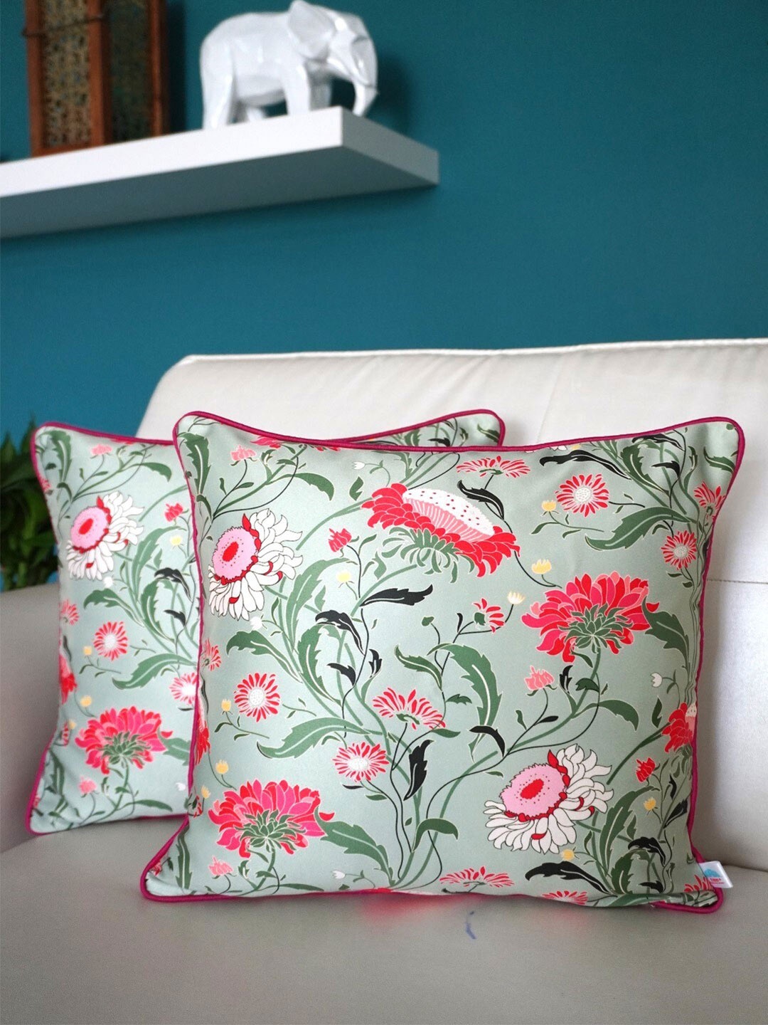 

TARA- Sparkling Homes Green & Pink 4-Pieces Floral Square Cushion Covers