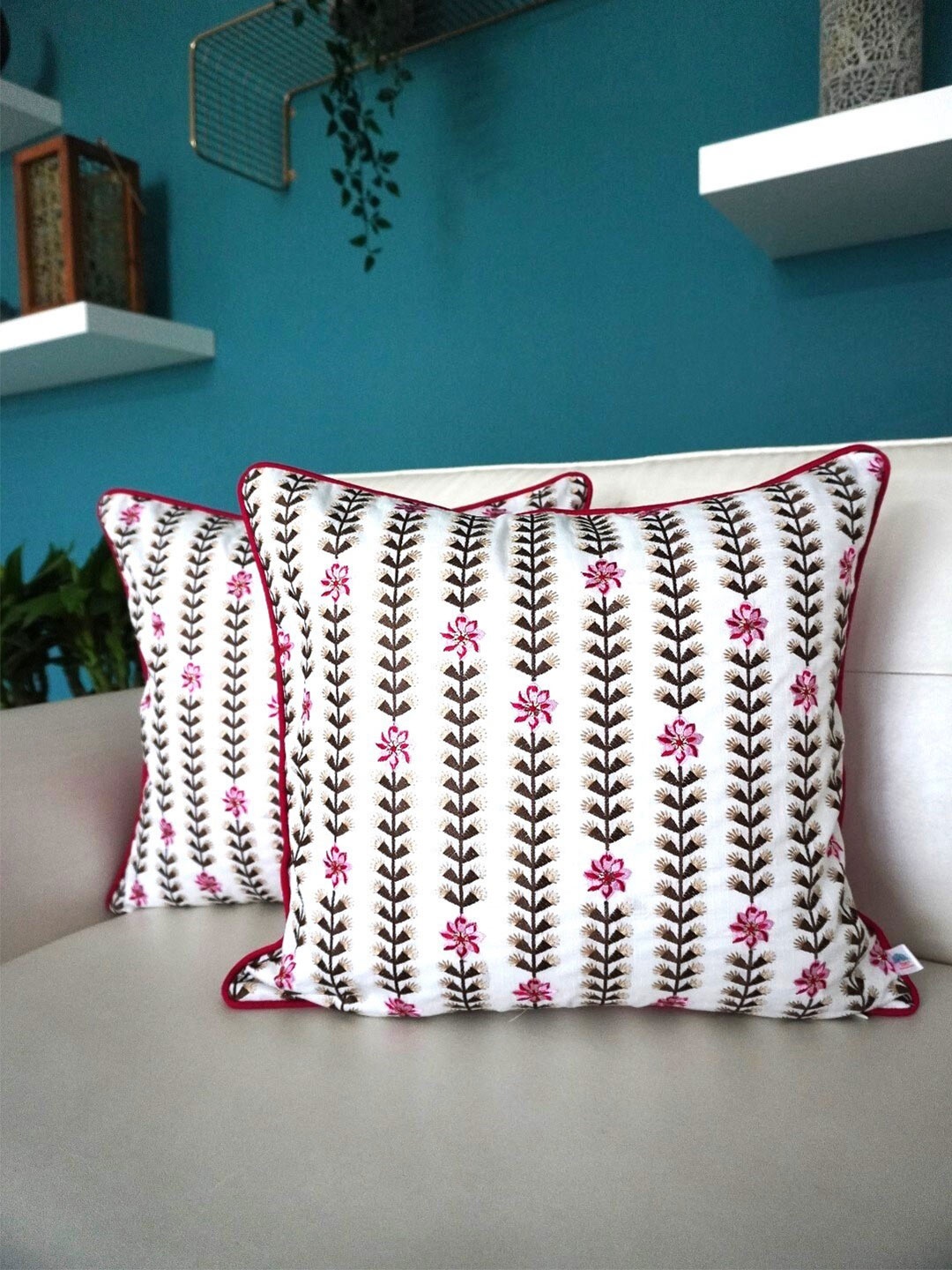 

TARA- Sparkling Homes Pink & White 2-Pieces Floral Square Cushion Covers