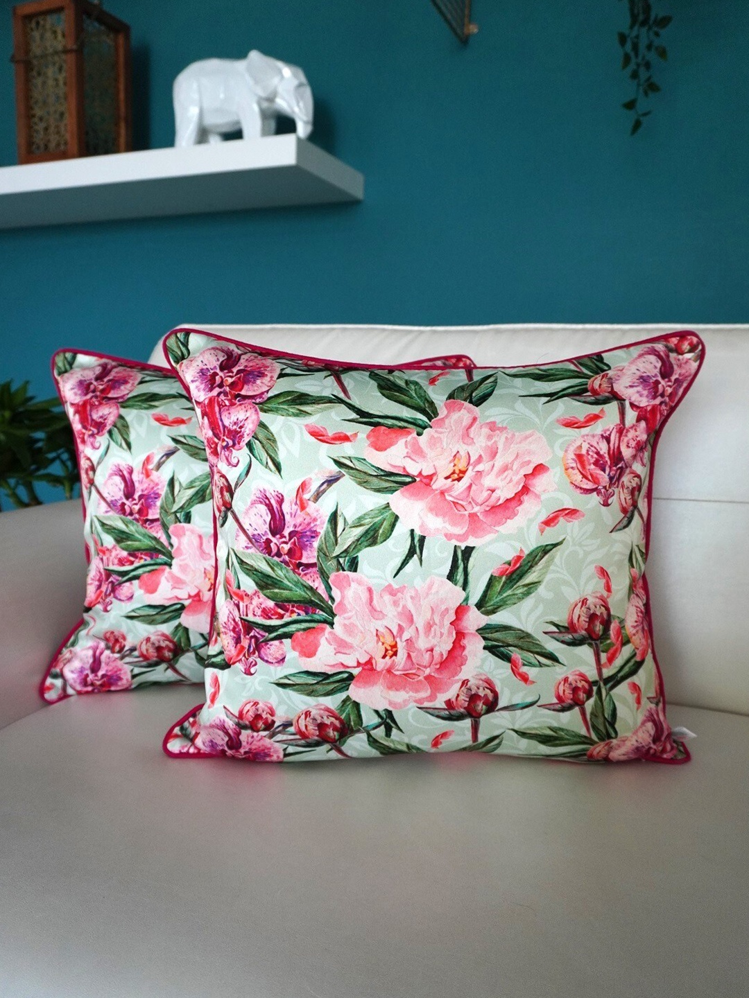 

TARA- Sparkling Homes Green & Pink 2-Pieces Floral Square Cushion Covers