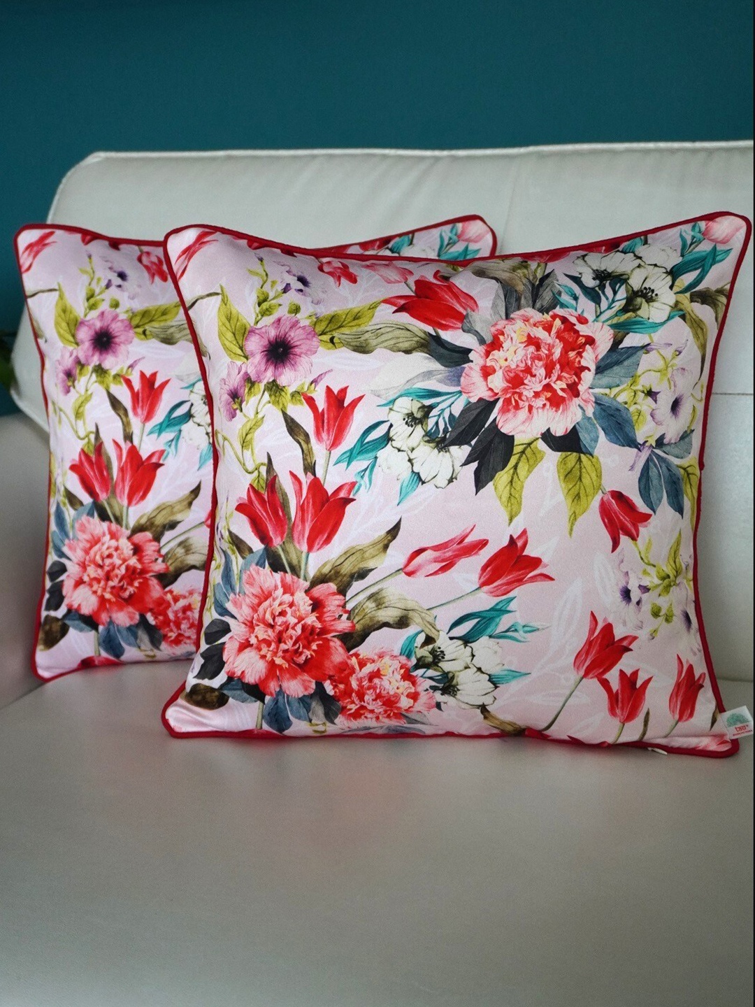 

TARA- Sparkling Homes Pink & Green 2-Pieces Floral Square Cushion Covers
