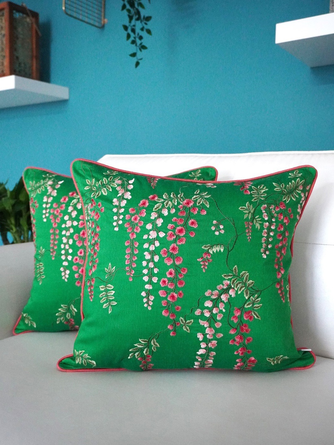 

TARA- Sparkling Homes Green & Pink 2-Pieces Floral Square Cushion Covers