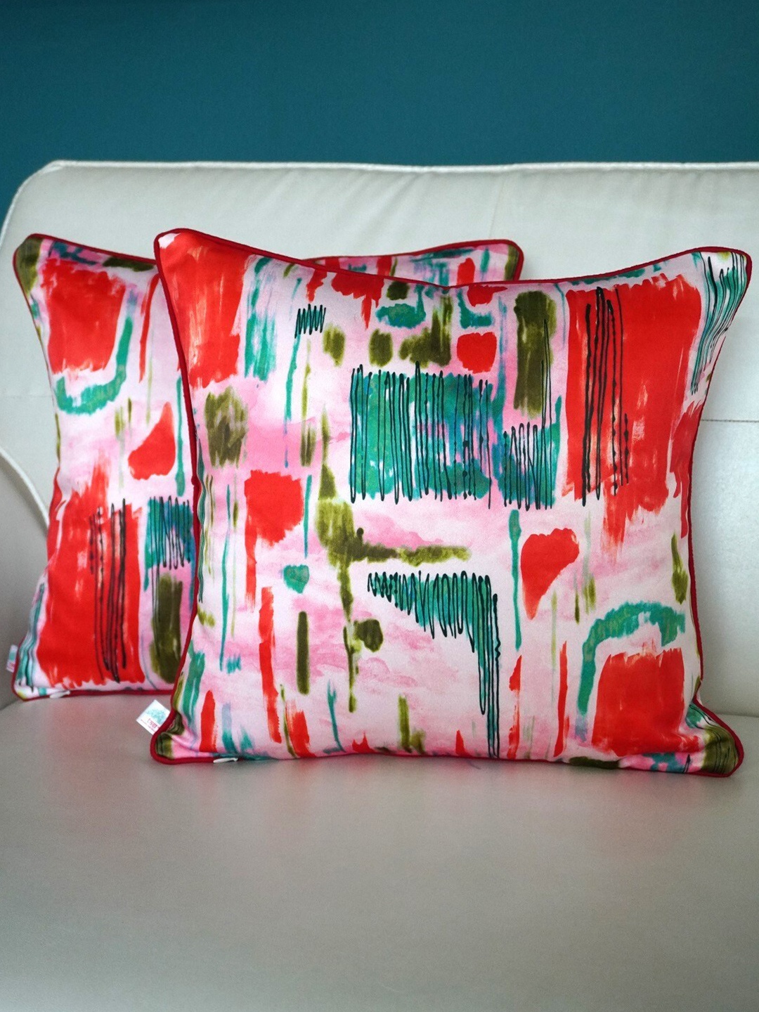

TARA- Sparkling Homes Pink & Green 2-Pieces Floral Square Cushion Covers