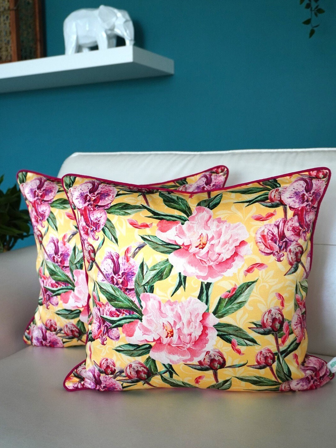 

TARA- Sparkling Homes Yellow & Pink 2-Pieces Floral Square Cushion Covers