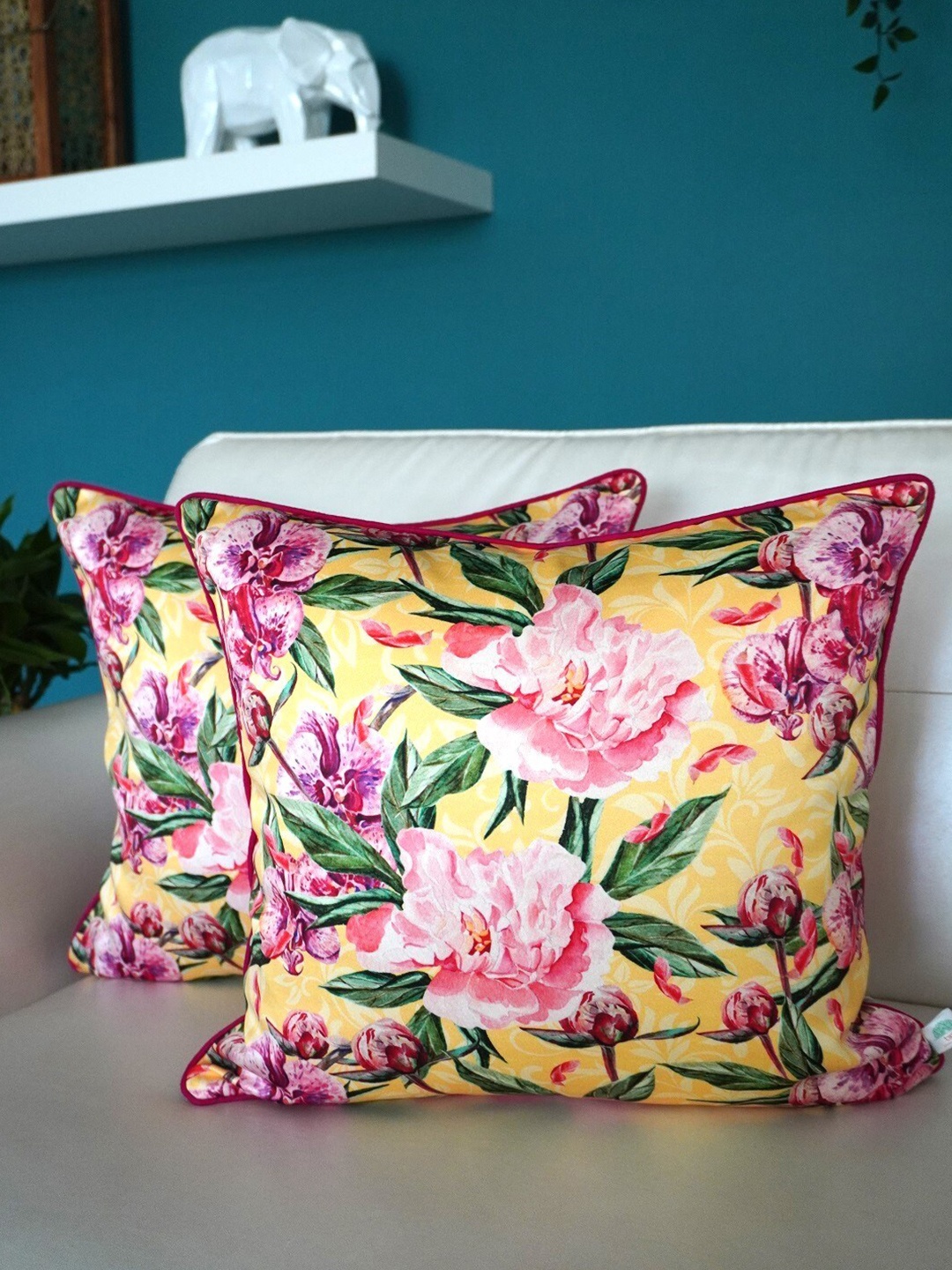 

TARA- Sparkling Homes Yellow & Green 2-Pieces Floral Square Cushion Covers