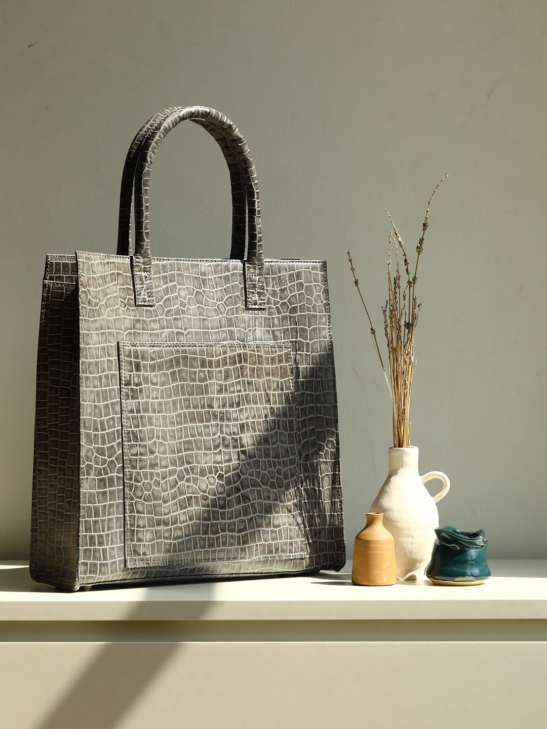 

Mistry Animal Leather Oversized Shopper Tote Bag, Grey
