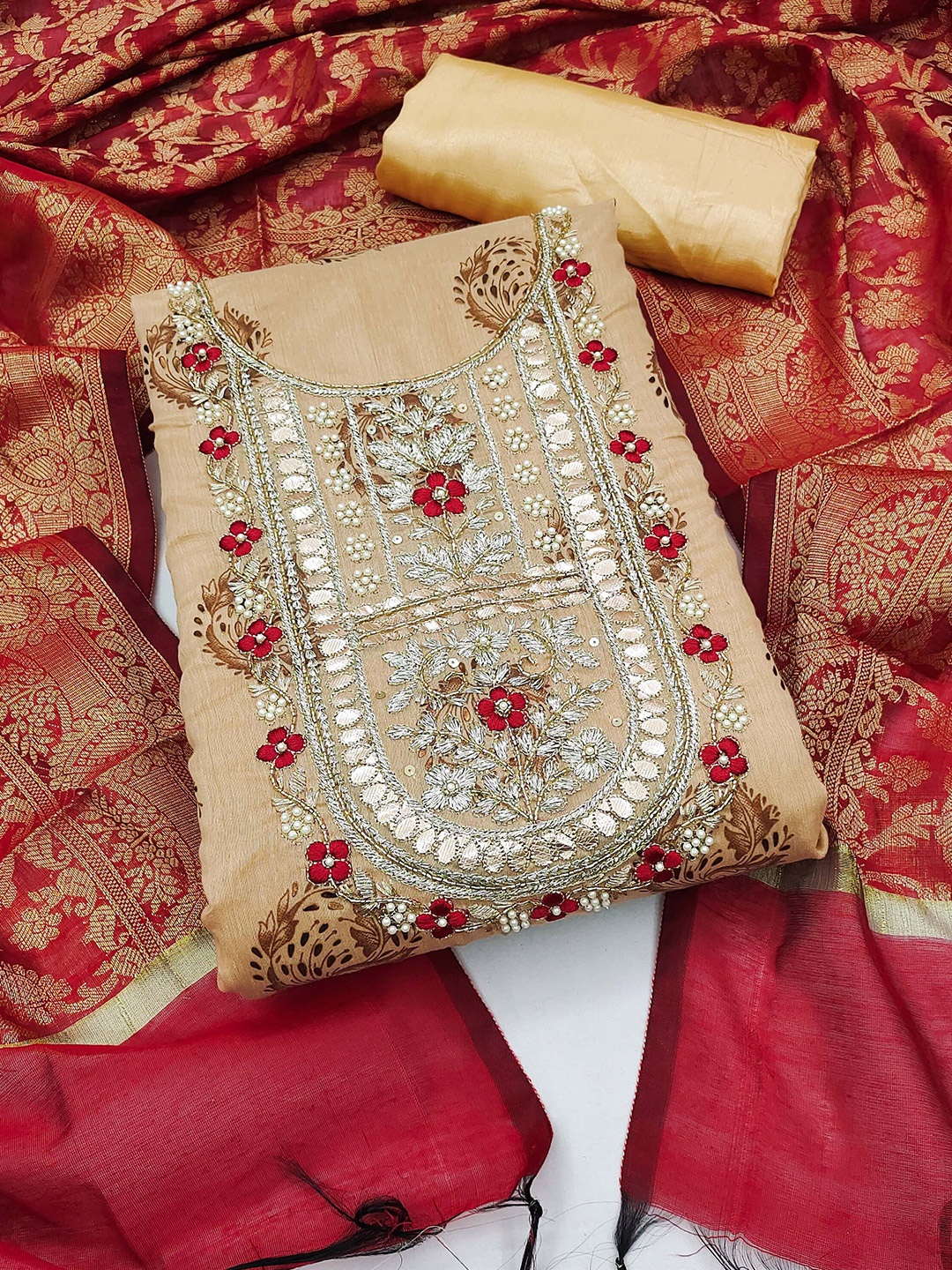

KALINI Embroidered Unstitched Dress Material, Beige