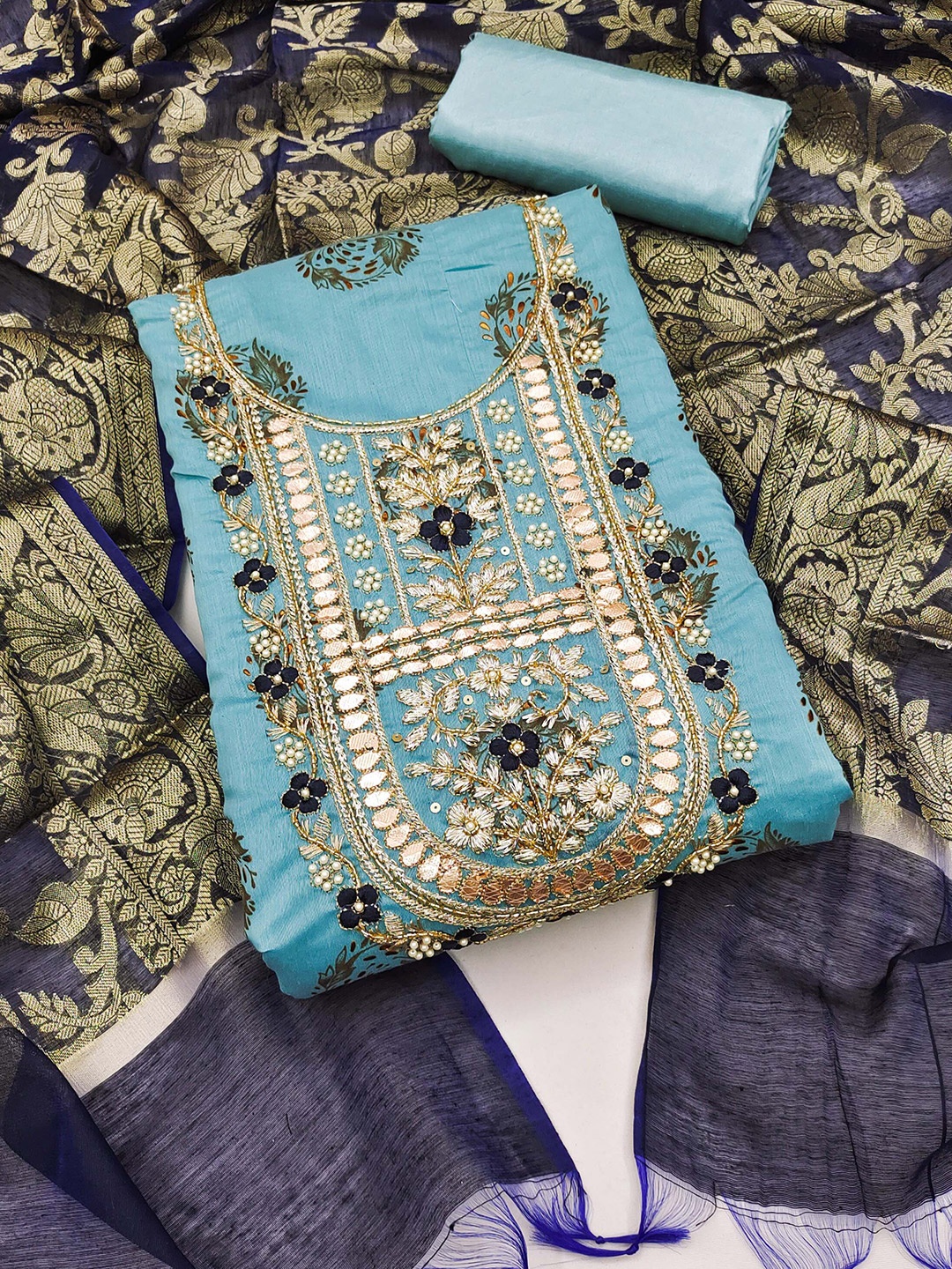 

KALINI Embroidered Stone Work Unstitched Dress Material, Blue