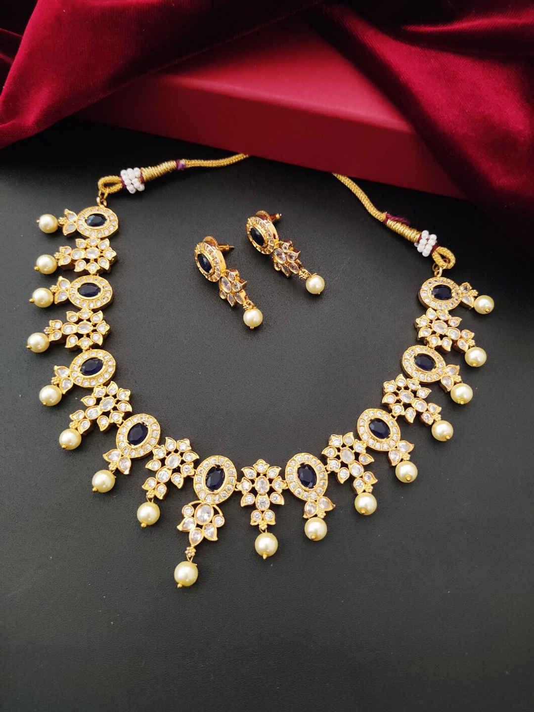 

Pihtara Jewels Gold-Plated Stone Studded & Beaded Jewellery Set, Blue