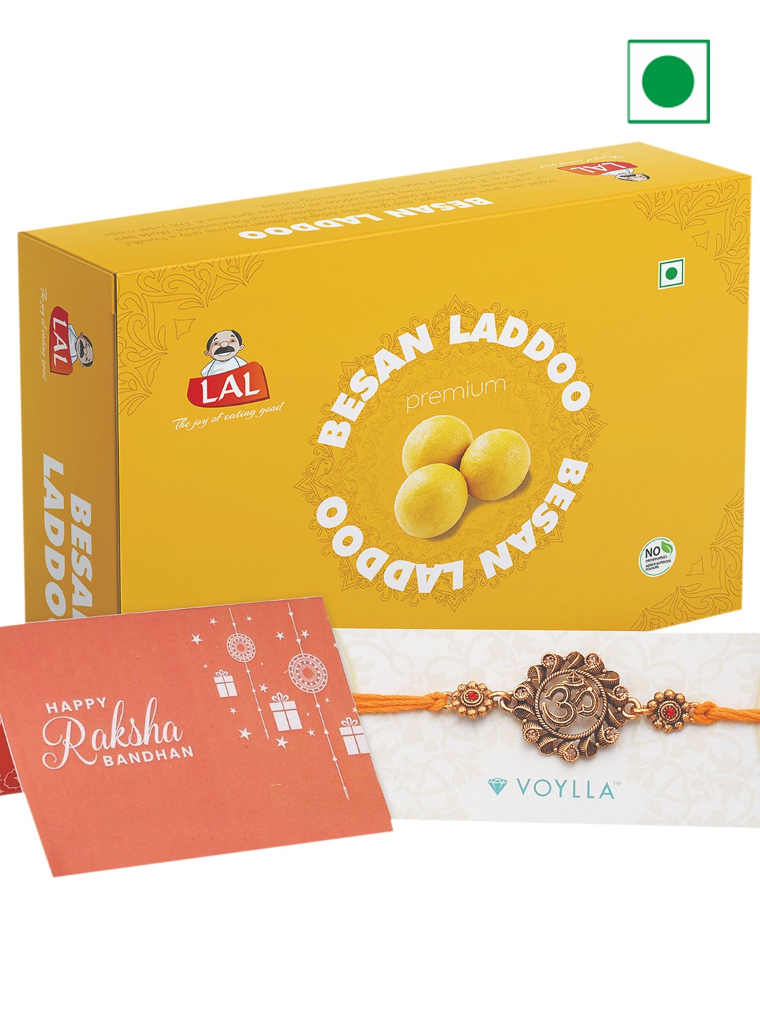 

LAL Besan Laddoo With Voylla Om Pearl Enamelled Rakhi-400 gms, Gold