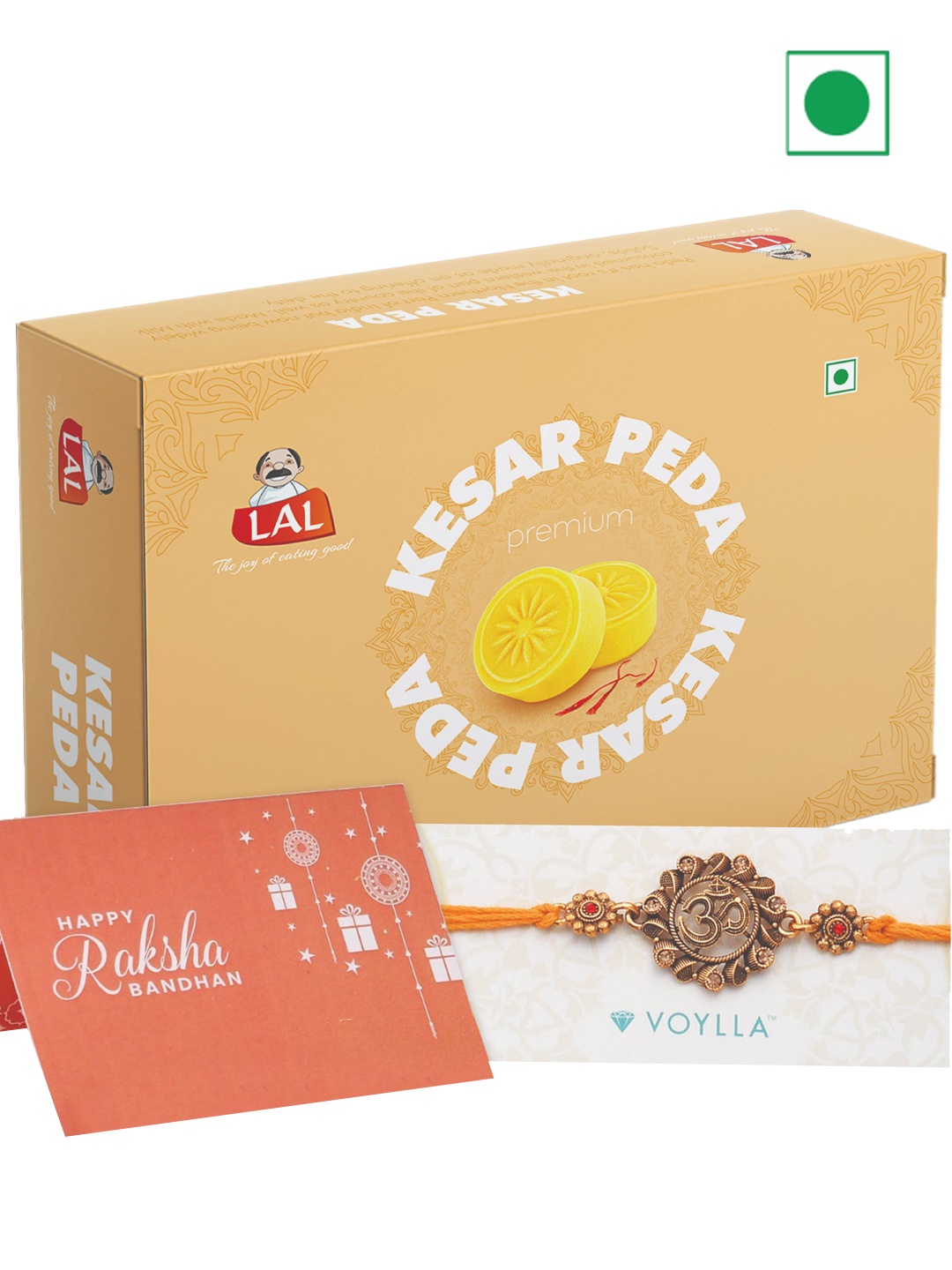 

LAL Kesar Peda With Voylla Om Pearl Enamelled Rakhi - 400g, Na