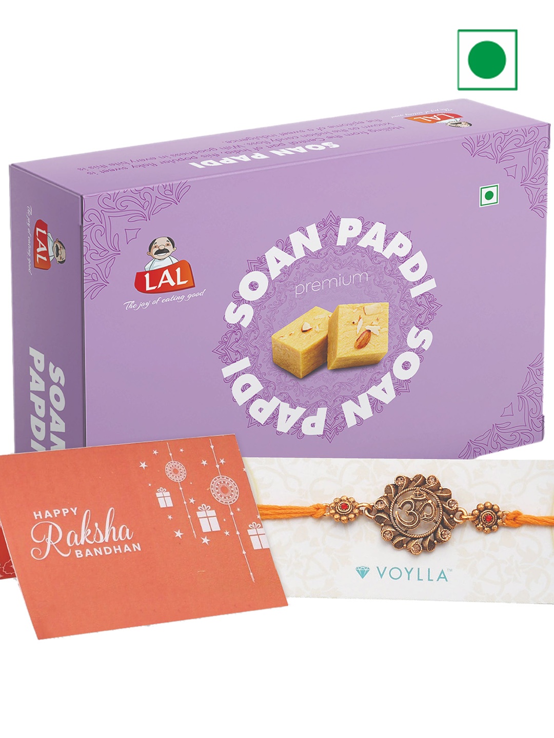 

LAL Soan Papadi Premium And Voylla Om Enameled Rakhi 400gms, Yellow