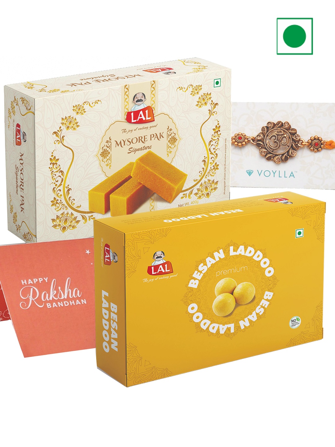 

LAL Mysore Pak And Besan Laddoo With Voylla Om Rakhi 800gms, Yellow