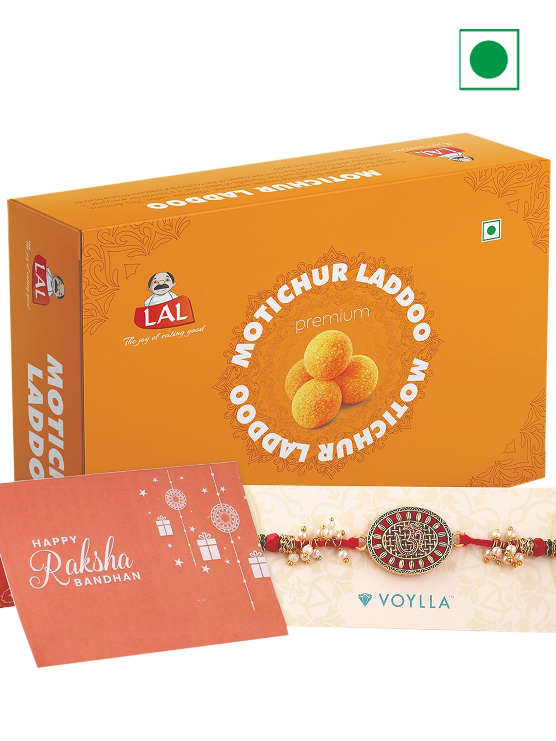 

LAL Motichur Laddoo & Voylla Deity Inspired OM Rakhi - 400g, Red