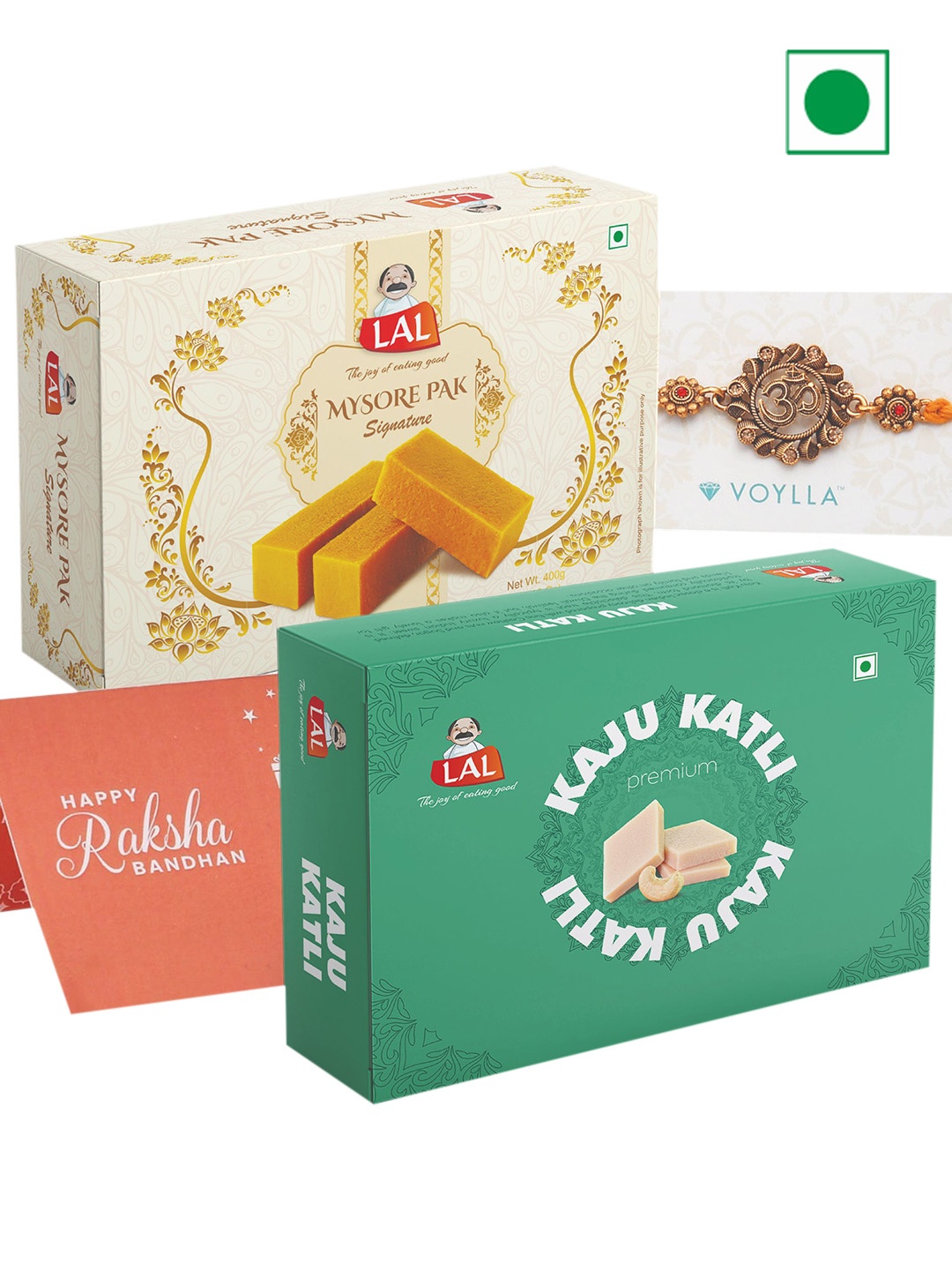 

LAL Mysore Pak Signature and Kaju Katli With Voylla Om Pearl Rakhi - 800g, White