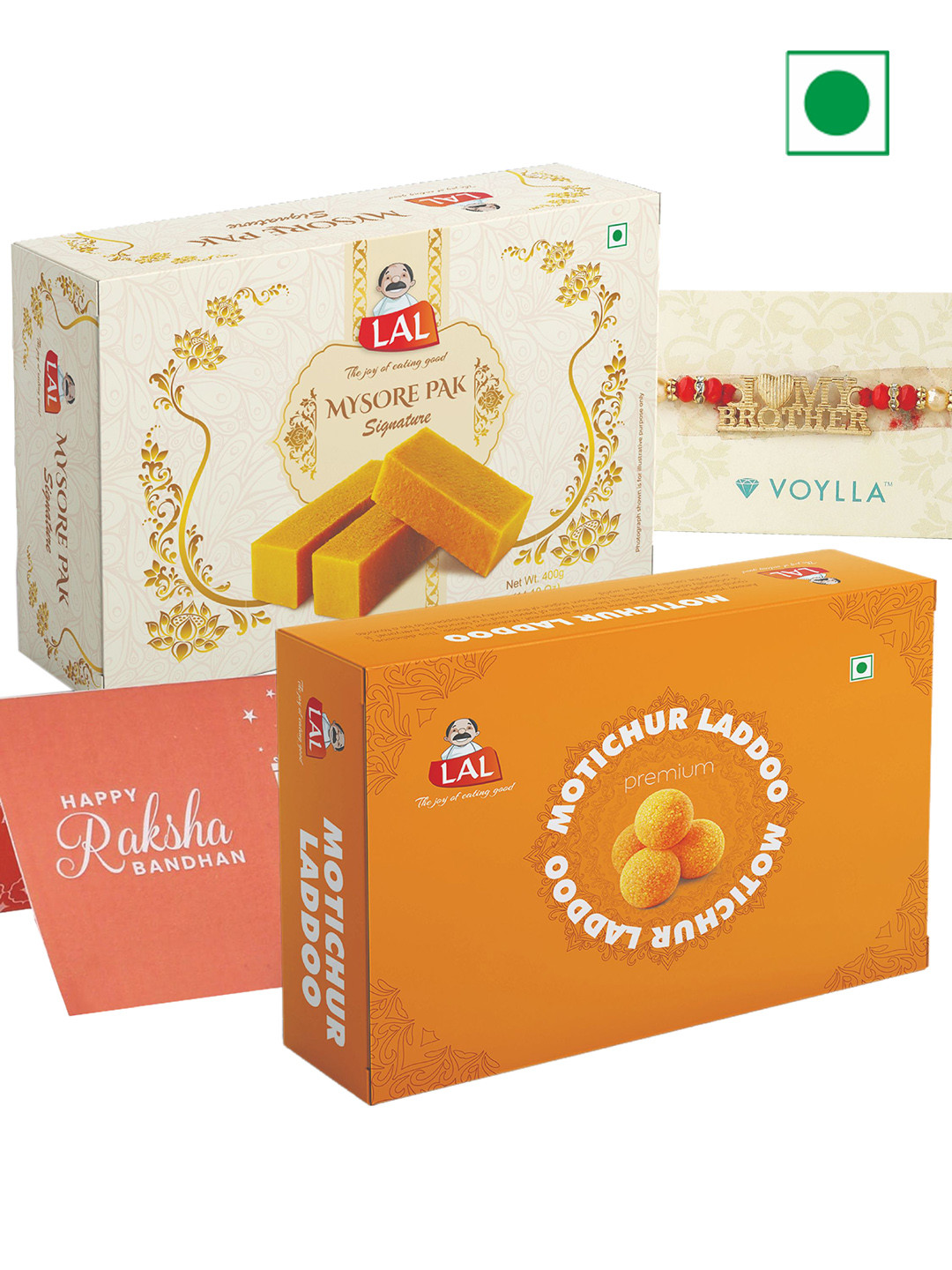 

LAL Mysore Pak And Motichur Laddoo With Rakhi- 400gms Each, Gold