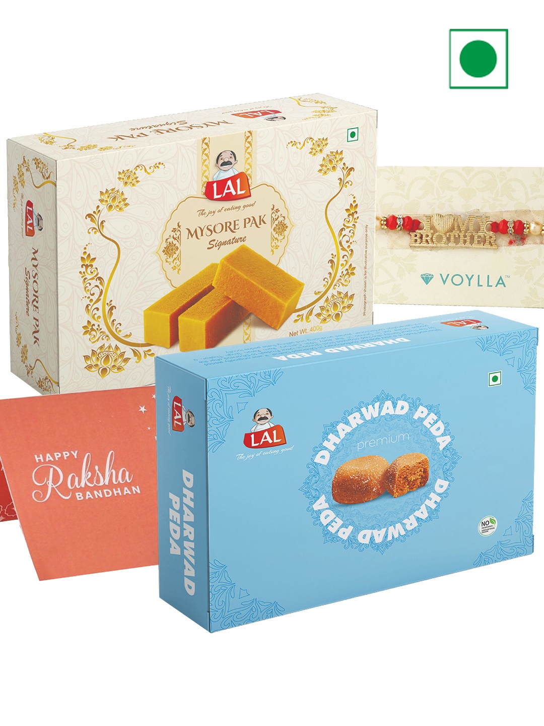

LAL Mysore Pak and Dharwad Peda with Rakhi 400gms Each, Red