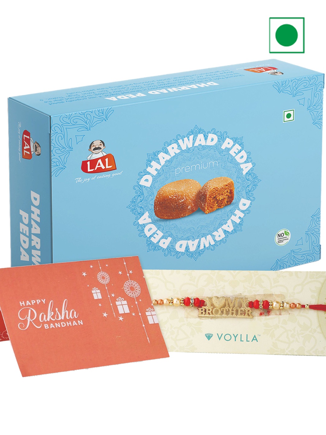 

LAL Rakhi With Roli Chaawal Dharwad Peda Sweets, Blue