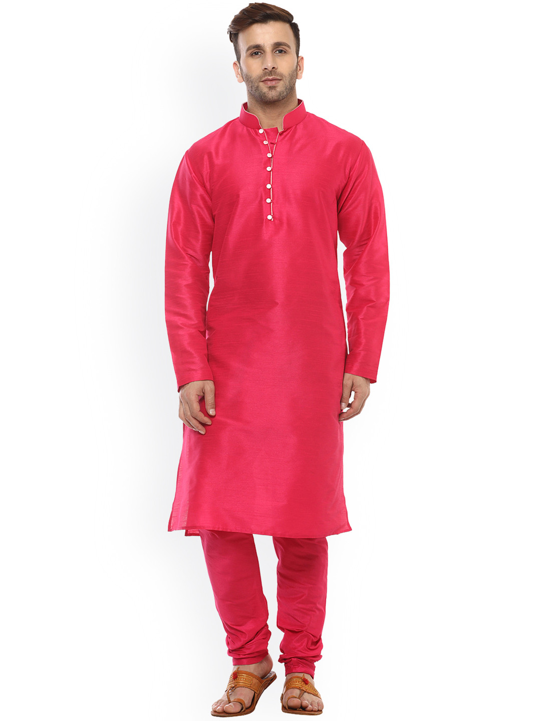 

Hangup Men Pink Solid A-Line Dupain Silk Kurta