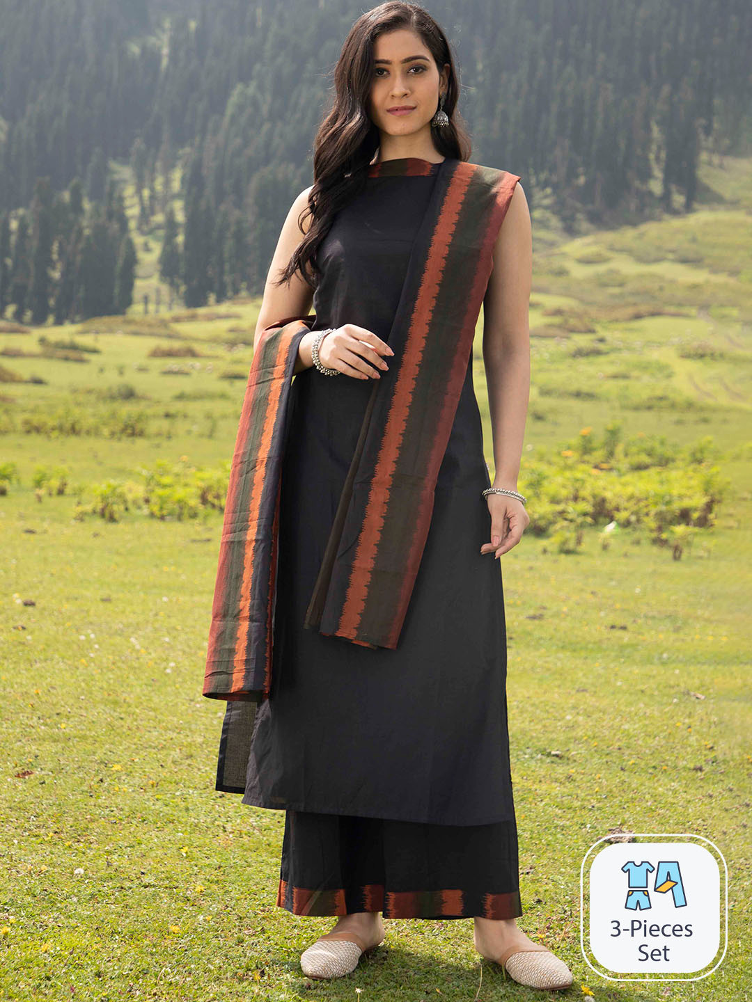 

AKS Couture Halter Neck Pure Cotton Straight Kurta & Palazzos With Dupatta, Black