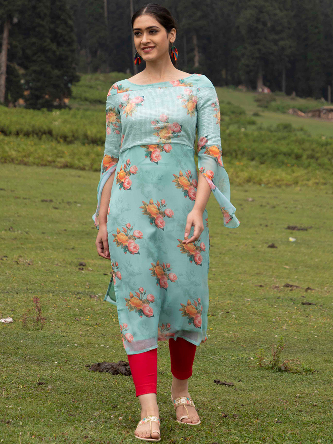 

AKS Couture Floral Printed Sequinned Kurta, Sea green