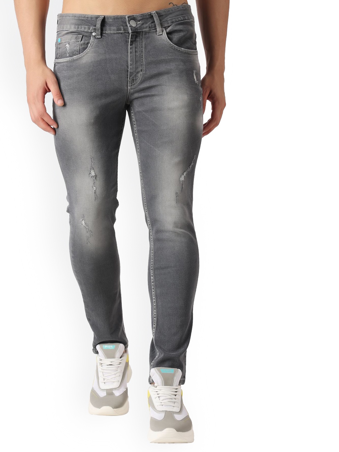 

Pupil London Men Tapered Fit Low Distress Heavy Fade Stretchable Jeans, Grey