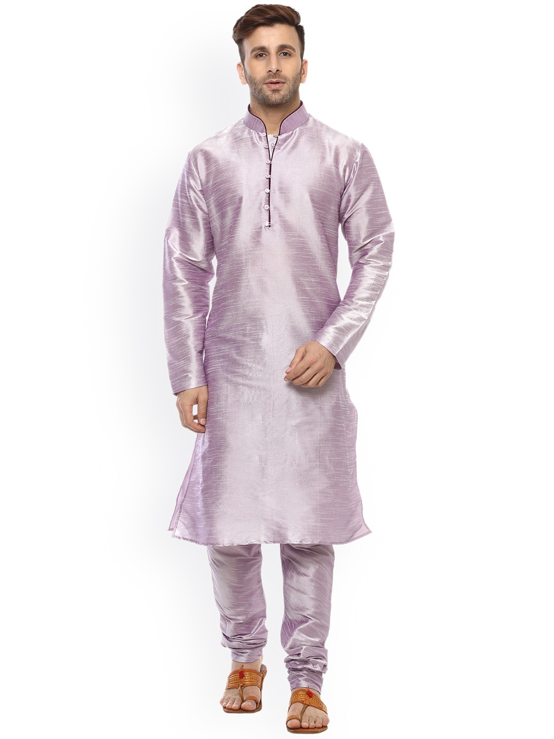 

Hangup Men Lavender Solid A-Line Dupain Silk Kurta