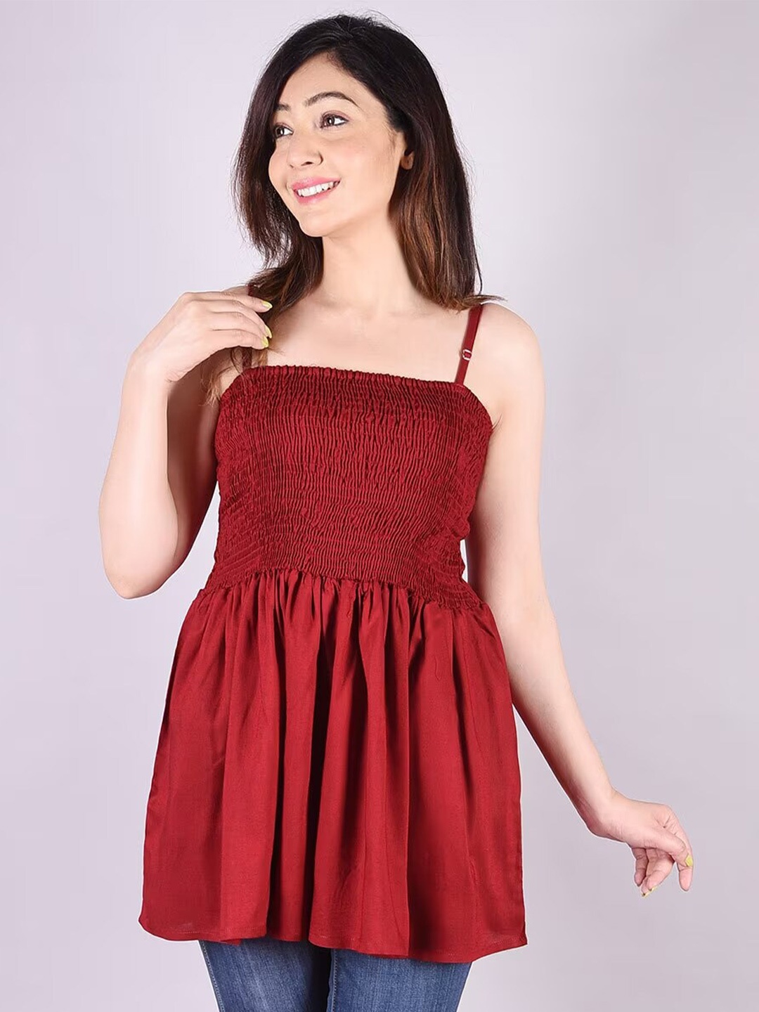 

KALINI Shoulder Straps Smoking A-Line Longline Top, Maroon