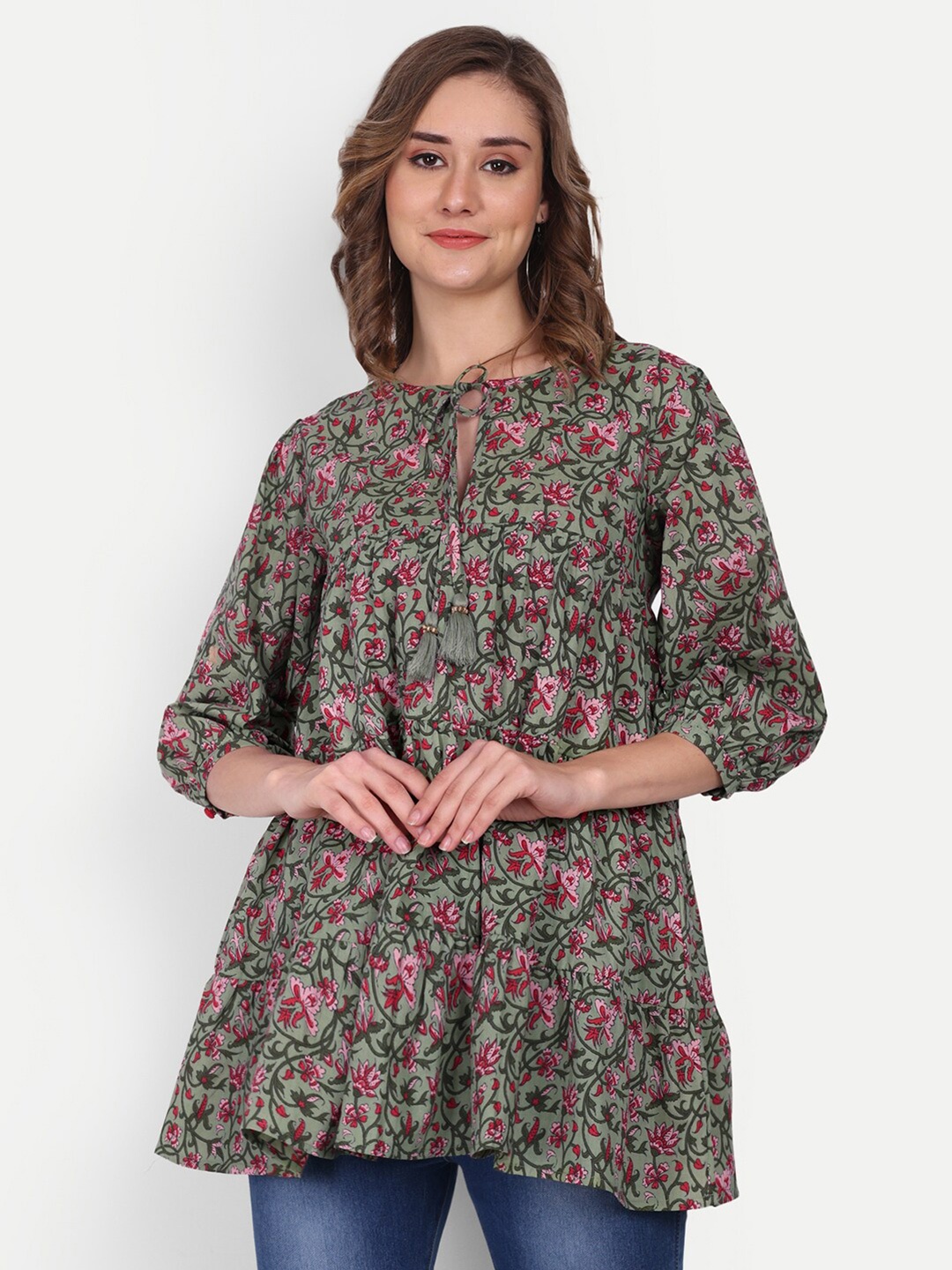 

KALINI Floral Printed Pure Cotton Kurti, Sea green