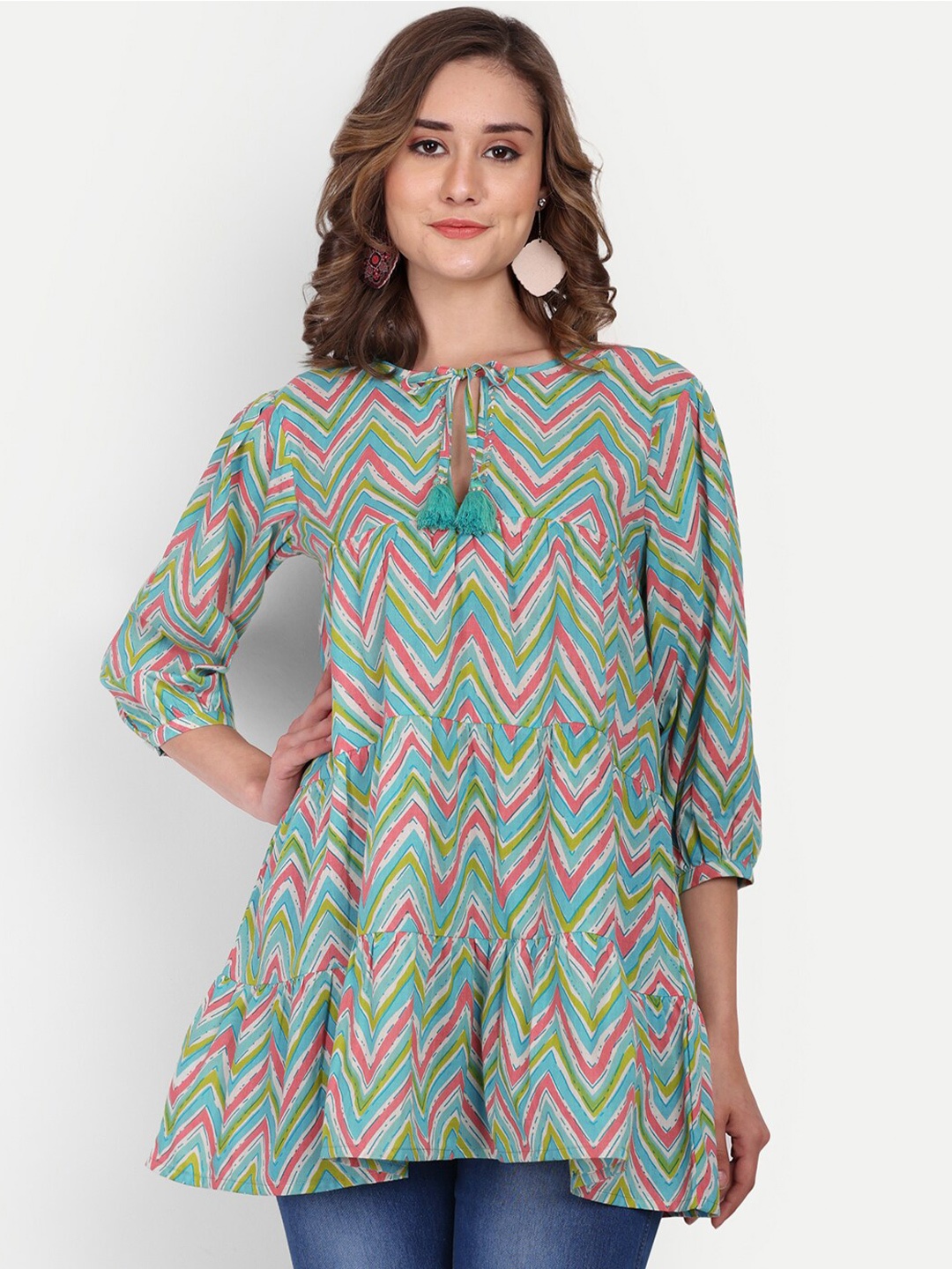 KALINI Chevron Printed Pure Cotton Kurti, Green