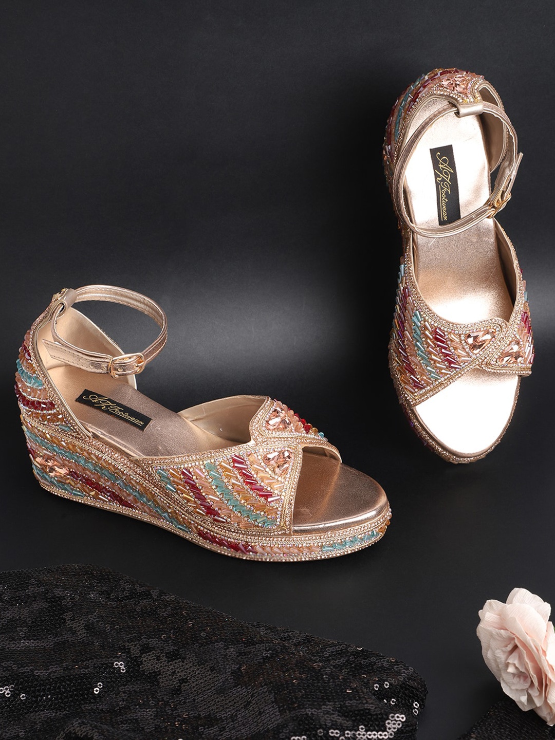 

AZ Footwear Ethnic Embellished Open Toe Wedges With Ankle Loop, Rose gold