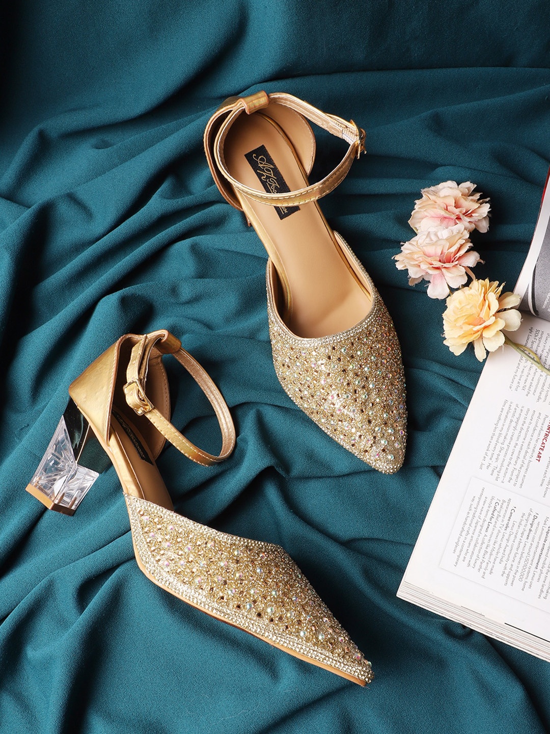 

AZ Footwear Ethnic Embellished Pointed Toe Block Heels With Ankle Loop, Gold
