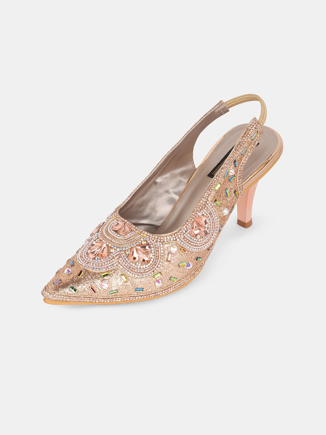 

AZ Footwear Pointed Toe Ethnic Embellished Stiletto Mules With Backstrap, Gold