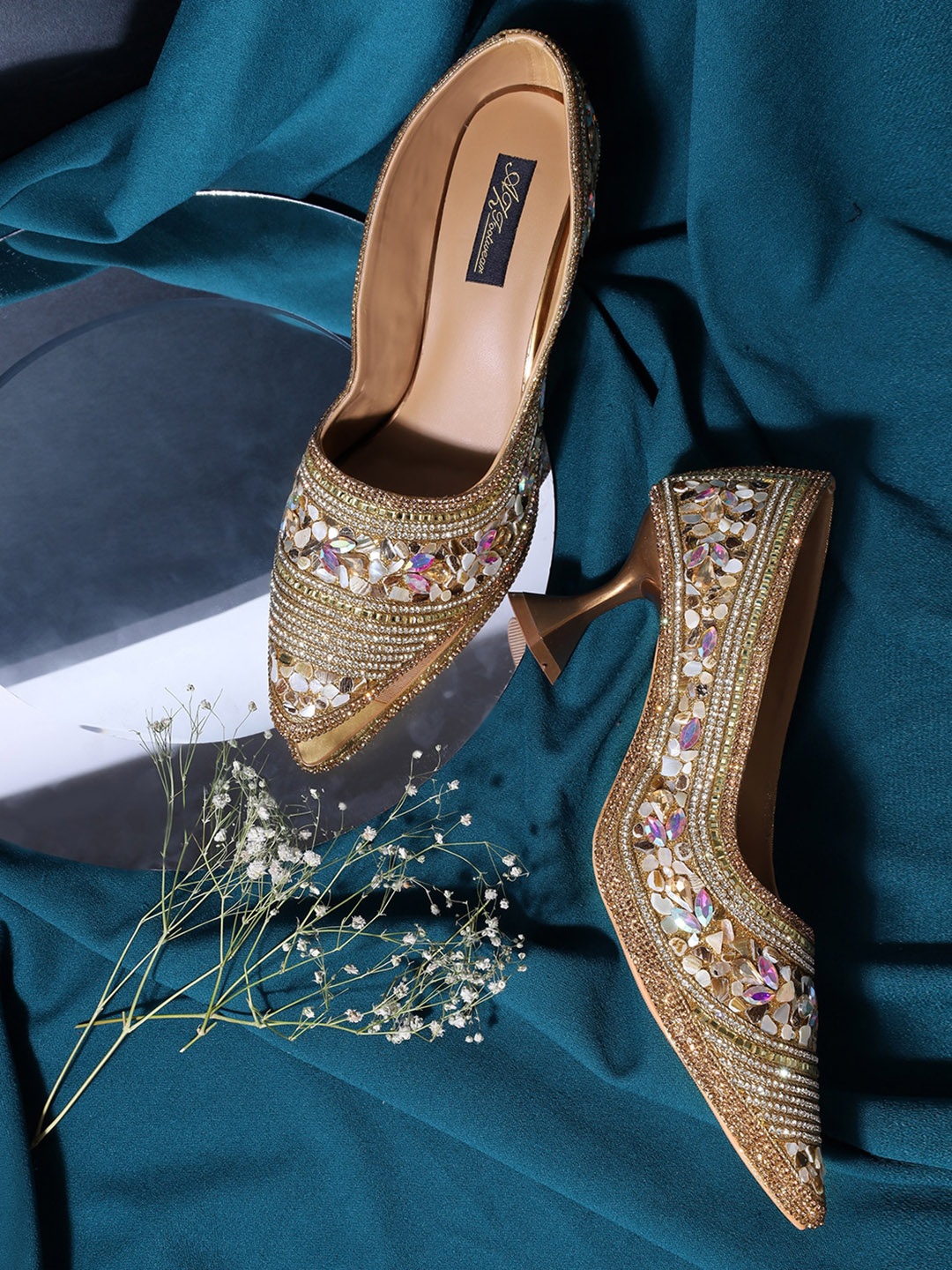 

AZ Footwear Ethnic Embellished Pointed Toe Block Pumps, Gold