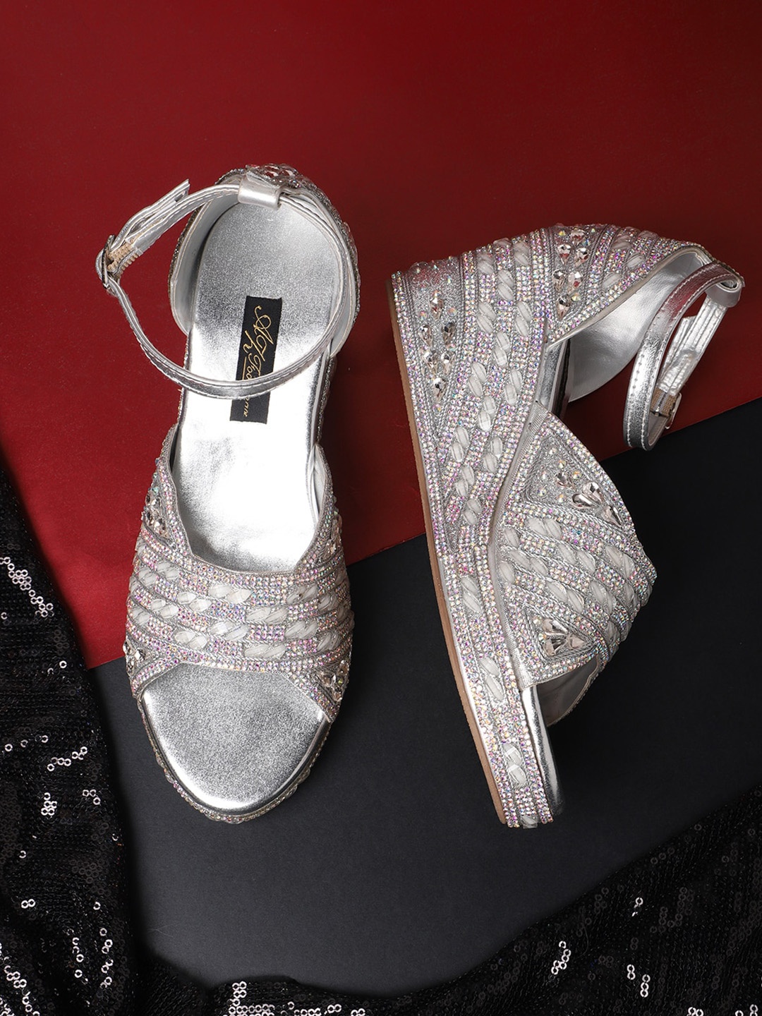 

AZ Footwear Ethnic Embellished Open Toe Wedges With Ankle Loop, Silver