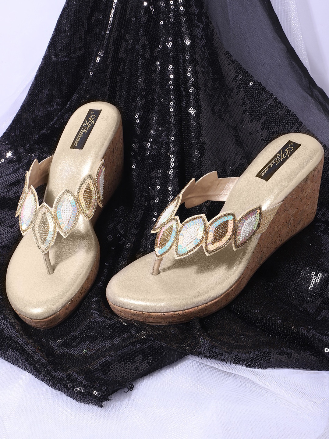 

AZ Footwear Ethnic Embellished Open Toe Wedges, Gold