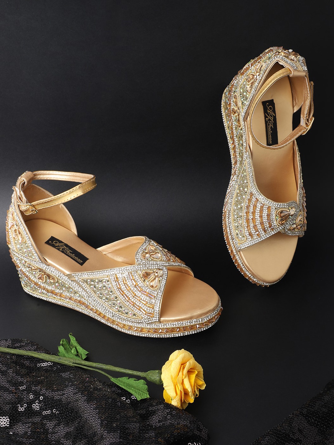 

AZ Footwear Ethnic Embellished Party Wedges With Ankle Loop, Gold