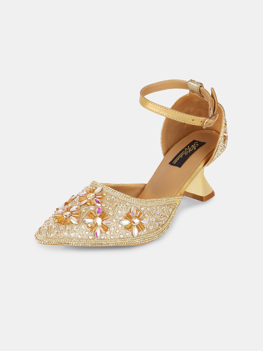 

AZ Footwear Ethnic Embellished Pointed Toe Block Heels With Ankle Loop, Gold