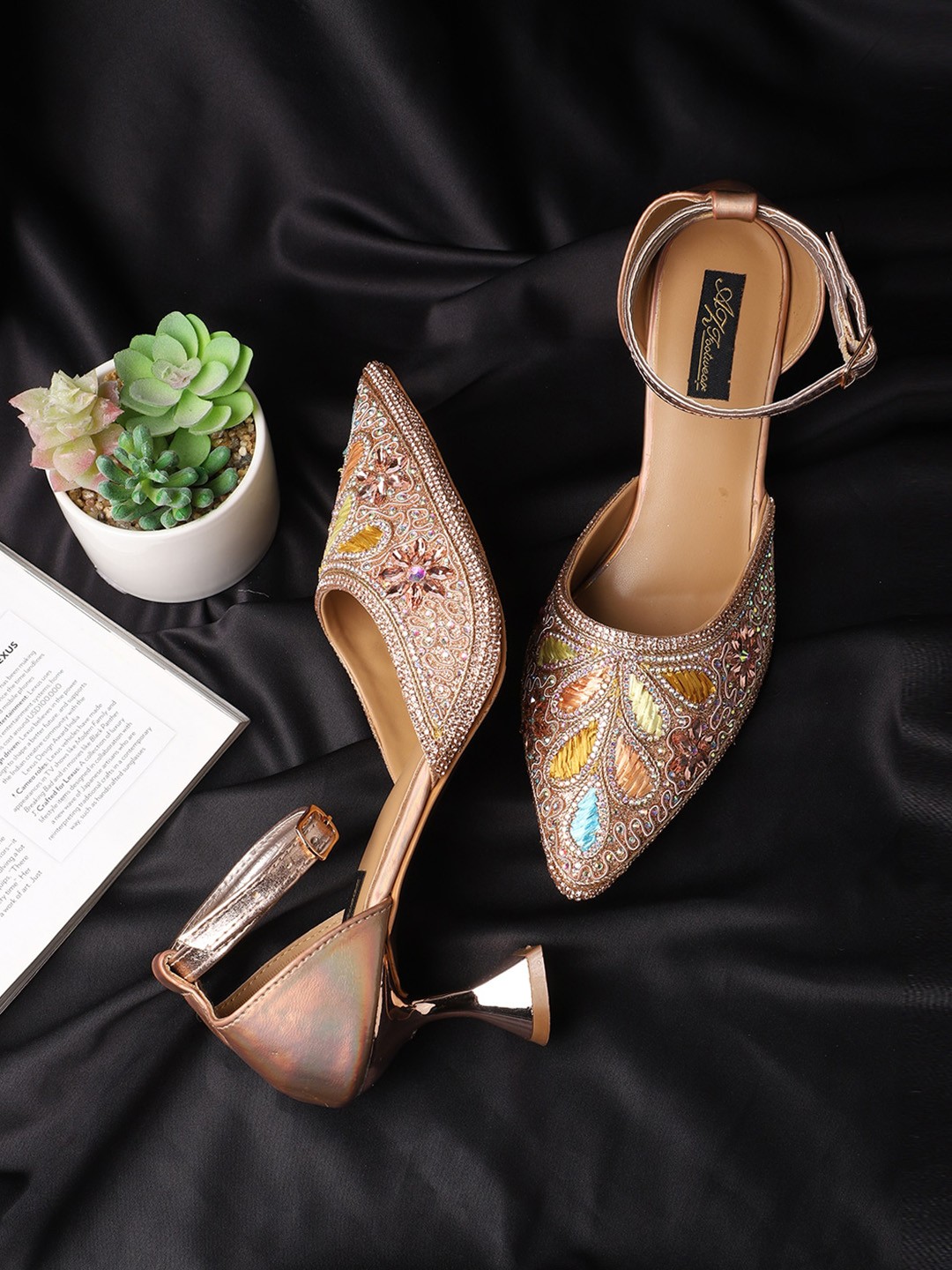 

AZ Footwear Ethnic Embellished Pointed Toe Block Heels With Ankle Loop, Rose